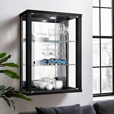 K-Möbel Glasvitrine mit Spiegel und LED in Schwarz (80x60x25 cm); Schrank Regal