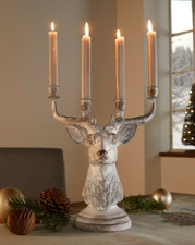Kerzenständer Hirschkopf für 4 Tafelkerzen Grau Weiß Deko Herbst Winter H. 32 cm