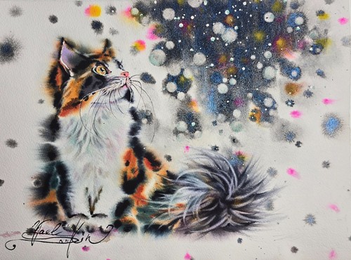 Original calico katze aquarell - calico,