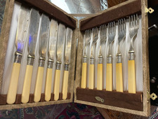 Antik EPNS englisches Besteck Set 6 Personen Fischbesteck faux ivory versilbert