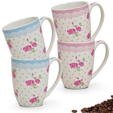 Tassen Becher Kaffeebecher Rosen Dekor rosa / blau Porzellan 4er Set je 300 ml