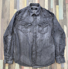 Replay Herren Hemd Large Stonewash Schwarz Denim Pearl Snap Western Langarm