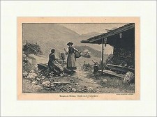 Morgens brunnen holzstich - morgens, am