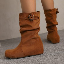 Damen Retro Stiefeletten Fashion Plissee Weitschaft Slouch Slip-On mit Schnalle