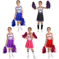 Cheer Leader Kostüm Kinder Mädchen Cheerleading Uniform Kleid mit Pompoms Socken