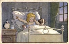 Künstler Ak Bertiglia, A., Mädchen im Bett, Hund, Puppe, Wecker - 11223472