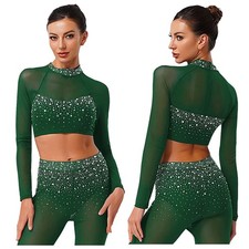 Damen Top Bauch Crop Tops Wettbewerb Tanzkleidung Ballett Glitzer Tanz Strass