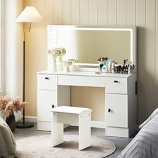 Frisiertisch-Set mit großem Led-Spiegel + Hocker-Schubladen-Schrank