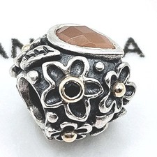 Pandora Charm Bicolor "Dew Drops on Flower" Mondstein Onyx Gold Silber Rarität 