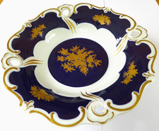 Weimar Porzellan Prunk Schale mit Kobalt + Blütendekor in Gold handgemalt, 31 cm