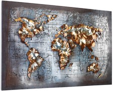 Wandbild Wanddeko 3 D -WORLD-  aus Metall in Grau- und Goldtönen handgefertigt