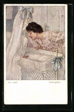 Künstler-AK Robert Schiff: Mutterglück, Junge Mutter über das Kinderbett gebeug 