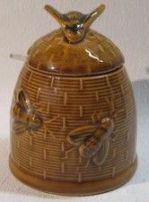 Alter Keramik Bienen Honigtopf mit Deckel und original Löffel aus Kunststoff aus
