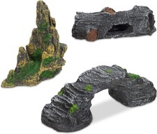 Relaxdays Aquarium Deko 3er Set, Felsen, Baumstamm Höhle & Brücke, Fisch TanK