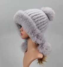 Fuchs Pelz Mütze Grau Bommel