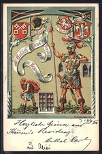 Künstler-AK Regensburg, Fresko am Goliath-Haus, verschiedene Wappen, Bildnis vo 