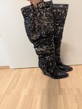 Stiefel Boots Damen Schwarz Silber Pailletten