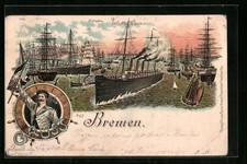 Lithographie Bremen, Freihafen mit Schiffen und Seemann mit Reichsflagge 1904 