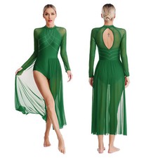 DE iEFiEL Damen Tanzkleid Kleid Glitzer Kostüm Stehkragen Mesh Langarm Rock