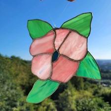 Bleiverglasung Seerose Fensterbild Handarbeit Tiffany Suncatcher 19 cm rosa grün