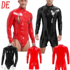 DE Herren Unterhemd Lackleder Overalls Jumpsuit T-shirt Tanga Thong Unterwäsche