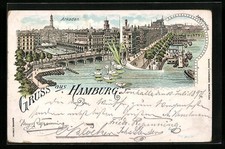 Lithographie Hamburg, Teilansicht mit Arkaden und Jungfernstieg 1897 