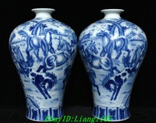 14,1" Old Qianlong Markiert Blau Weiß Porzellan Acht 8 Pferde Vase Flasche Paar