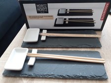 Sushi Set für 2 Pers. 8 teilig mit Schieferplatten weißen Keramikschalen