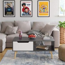 Couchtisch Holz grau weiß skandinavisch mit Beinen Ablagefach Schublade