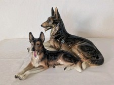 Cortendorf Keramik Figur Schäferhund mit Welpe liegend coloriert 30 cm GERMANY