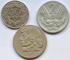 Polen, Lot von 3 verschiedenen Münzen, 50 Groszy, 2 Zlote u. 10 Zloty 1923-1971