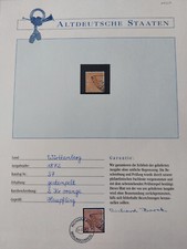 Württemberg Nr. 37 Fächer-Stempel Stuttgart mit Borek Einlegeblatt. Mi. 170 EUR.