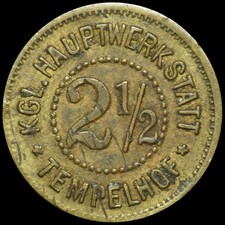 WERTMARKE: 2½ Pfennig. EISENBAHN - KGL. HAUPTWERKSTATT TEMPELHOF - BERLIN.