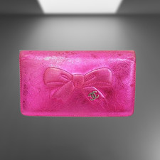 Echte CHANEL faltbare lange Geldbörse Portemonnaie Leder Emaille rosa Coco Ma...