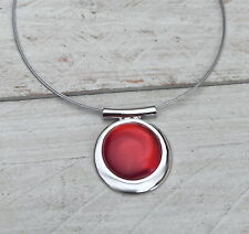 Halskette Modekette Statement Stahlseil runder Anhänger, Glasstein, orangerot 