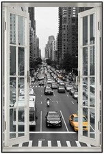Wallario Poster mit Fenster-Illusion New York Yellow Taxi I