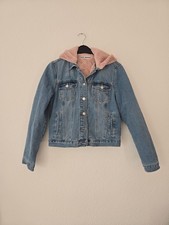 TALLY WEIJL Damen Jeans-Jacke Gr. 40 blau mit rosa Teddy-Flecce mit Kapuze