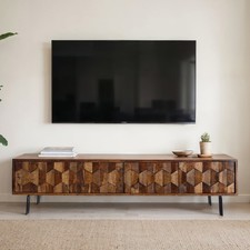Lowboard FineBuy TV Board Sheesham Massivholz 160 cm 3D Fronten & Metallbeine