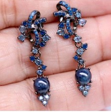925Silber OHRRINGE HÄNGER Echte Edelsteine Saphir,  585K schwarzgold Vergoldung 
