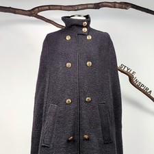 ZARA 🖤 LIMITED CAPE MANTEL WOLLMANTEL BOUCLE WAPPENKNÖPFE UNIFORM RAR Anthrazit