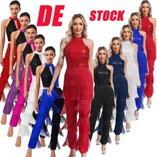 DE Damen 60er 70er Jahre Outfits Pailletten Jumpsuit Overall mit Fransen Hose