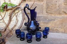 7 tlg Likörset Schnapsset Karaffe 6 Gläser kobaltblaues Glas Vintage 50er 60er J