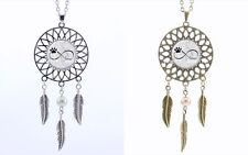 Halskette Kette Traumfänger Tier Hundepfote Feder Perle Cabochon Damen Schmuck 