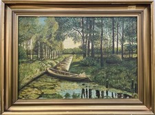 Impressionist Naturlandschaft Boot Kahn Fluss Seerosen Birken Ölgemälde 