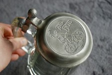 uralter Radfahrer Fahrrad Bierkrug P. Pretti Bamberg Glas Zinndeckel All Heil
