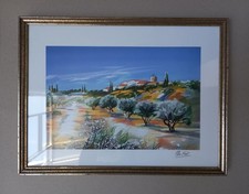 Ella Fort: Lithographie Bild Landschaft Provence signiert mit schönem Rahmen