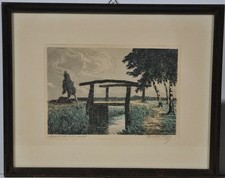 Cornelius Rogge/Radierung/ handsigniert/Moorbrücke in Worpswede /handkoloriert