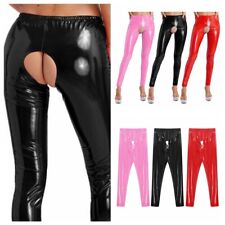 DE Damen Wetlook Hose Offnen Schritt Lang Leggings Lackleder Tanzhose Clubwear