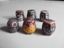 6 Setzkastenfiguren - kleine EULEN - Konvolut; verschiedene Arten, 2,5 cm hoch