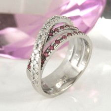 Breiter verschlungener Ring 750 Weißgold 18K 26 Rubin Edelsteine 12 Diamanten